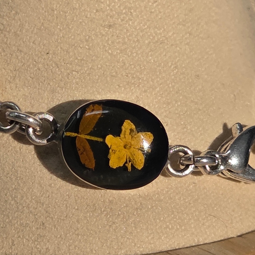Mexican Silver Bracelet Sterling Silver Pressed Flowers Resin Links 7.5" 17.8g - Picture 5 of 9